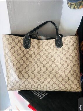 Gucci Beige Monogram Tote with Black Trim and Handles